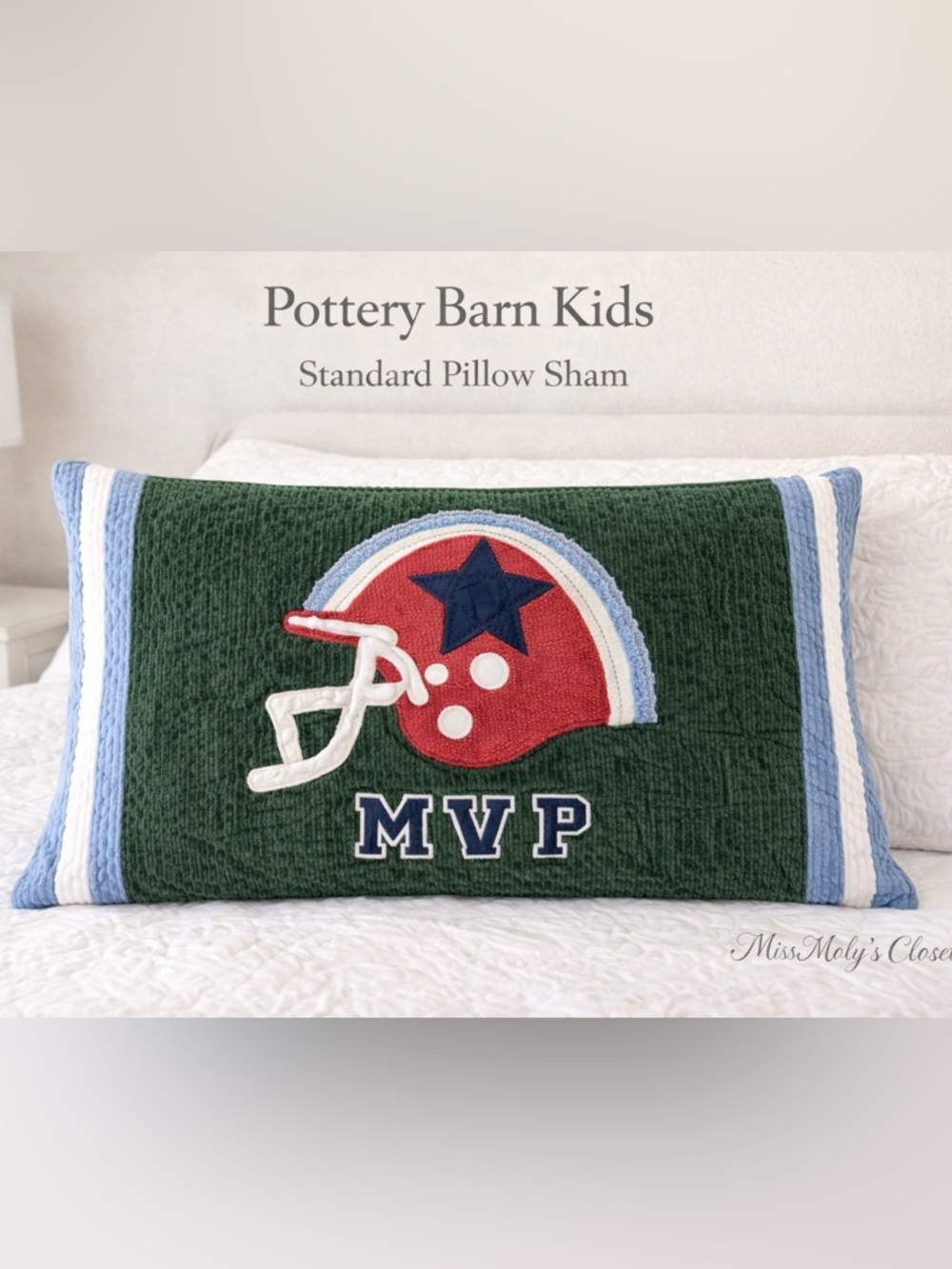 Pottery Barn Kids Football MVP Standard Pillow Sham Cover Blue Green Cotton PBK